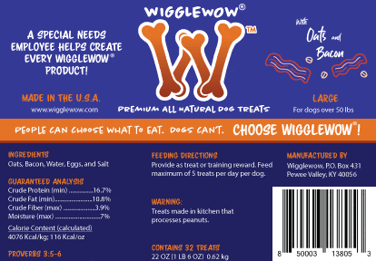 Wigglewow Premium All-Natural Dog Treat Label (FDA Approved); Ingredients: Oats, Bacon, Water, Eggs and Salt